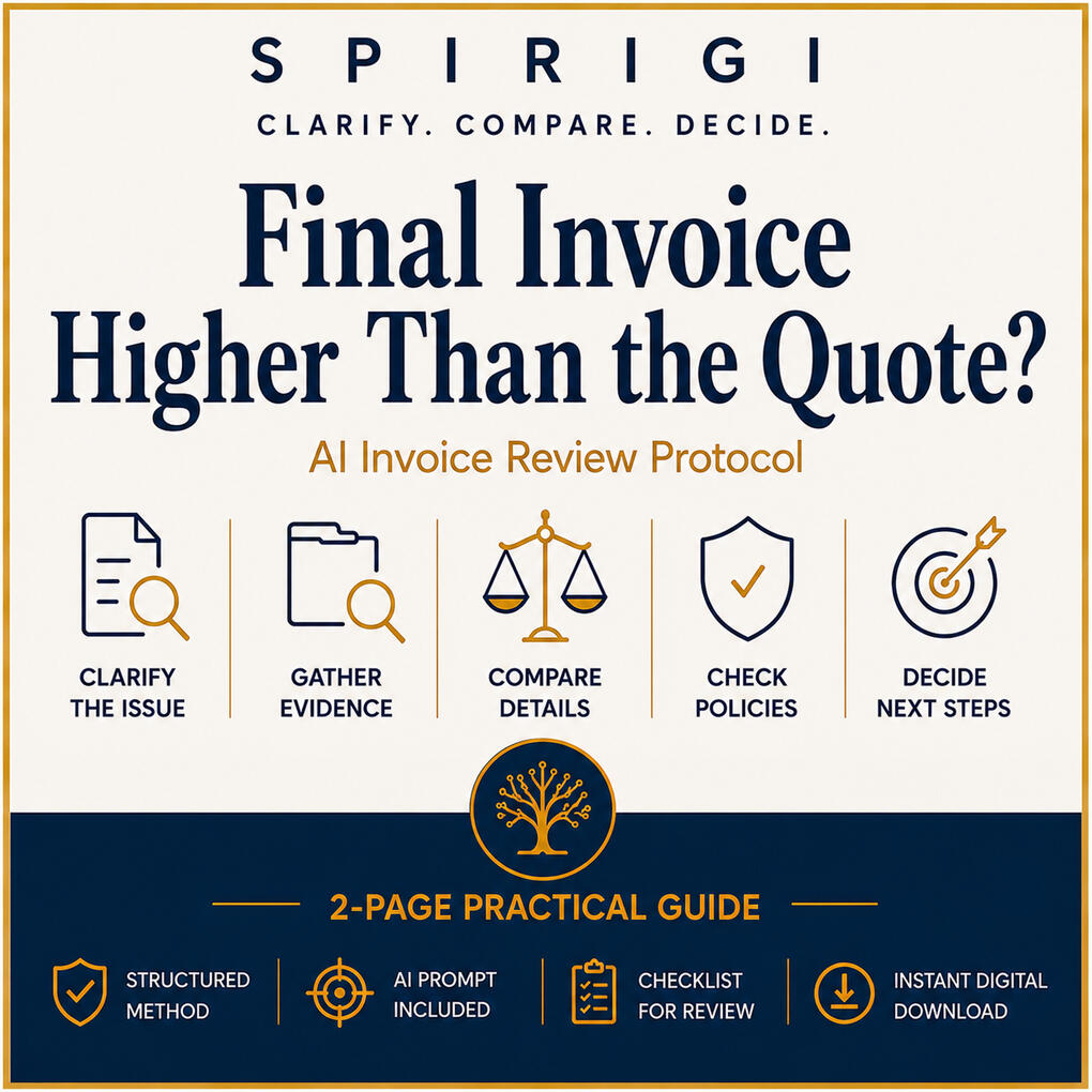 SPIRIGI practical AI-assisted guide for comparing a final invoice with the original quote and identifying important differences.